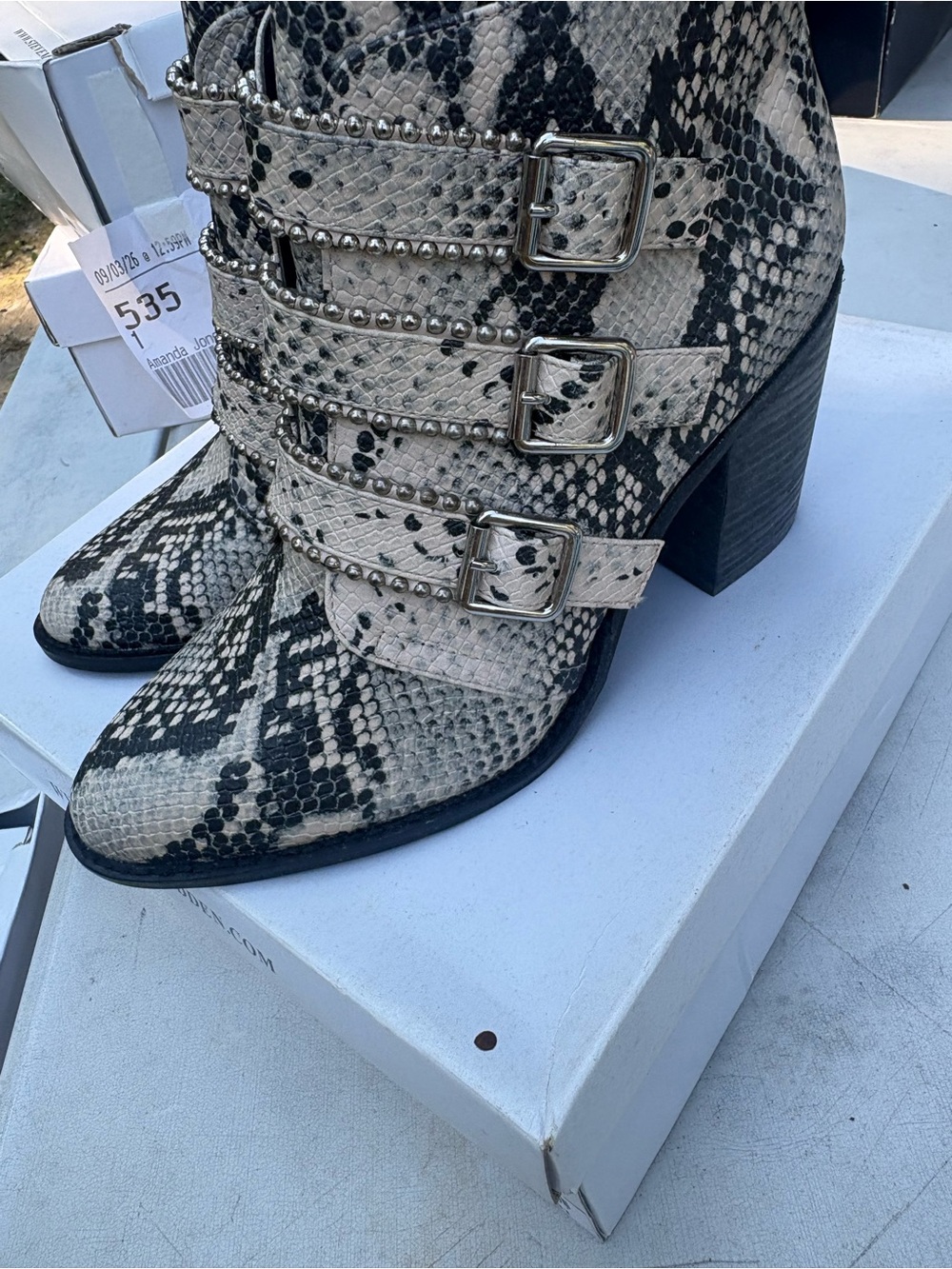 Steve Madden Snake-Print Buckle Ankle Boots in Black & Cream